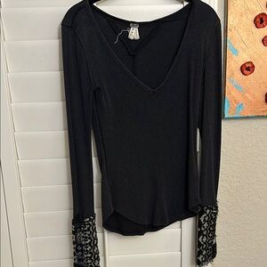 Black V-Neck Bodysuit with Cuffed Sleeves